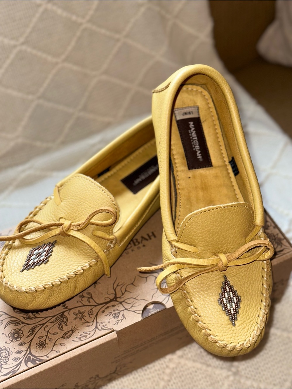 Manitobah Yellow Beaded Leather Moccasins